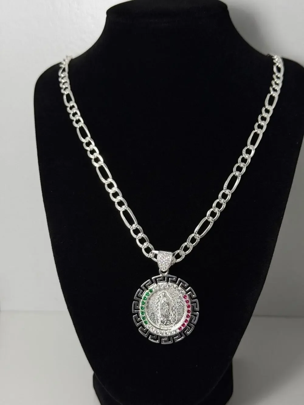 925 Sterling Silver Virgin Mary Pendant Necklace 27 Inch Figaro Chain Italy